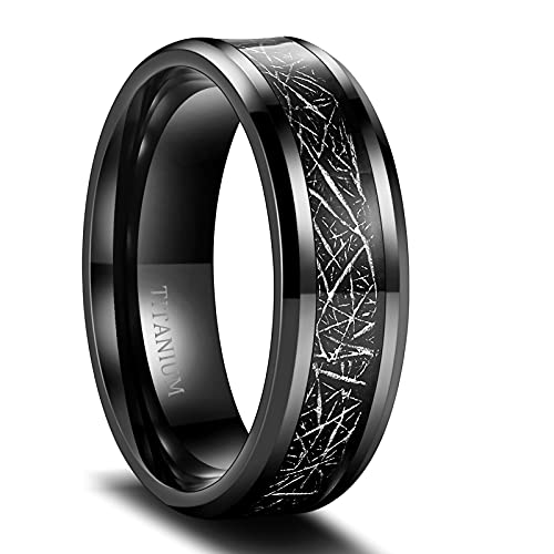 TIGRADE Mens 8mm Black Titanium Rings Black silk Stickers Inlay Wedding Band Beveled Edges Size 7-13, Size 10