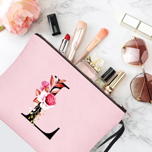 Vavabox A-Z Personalized Makeup Bag, Birthday Gifts for Women Mom, Gifts for Best Friend, Bride Bridesmaid Cosmetic bag (L, Pink)