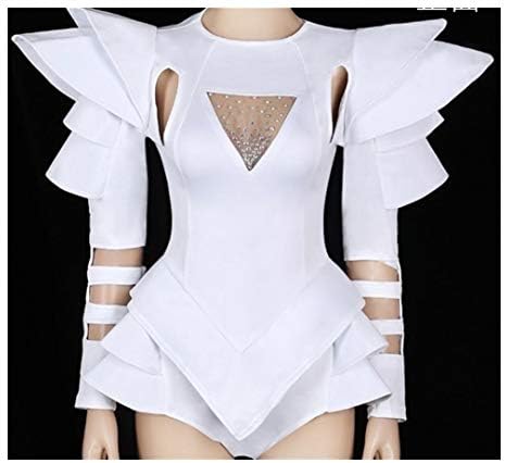 YLBHXC Professional dance White Bodysuit Jazz Dance Costumes Bar Dj Dancers Sexy Nightclub DS Singer Rave Clothes Rhinestone Jumpsuit Stage Wear (Color : White, Size : S)