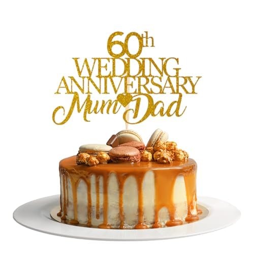 60th Wedding Anniversary Mum & Dad Cake Topper – Diamond Wedding Glitter Card Cake Topper Decorations (GOLD)