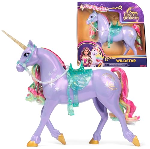 Einhorn Wildstar - 28 cm groß, Original-Einhorn von Sophia zur Netflix-Serie, mit echter Mähne und Schweif, abnehmbarem Zaumzeug und Sattel sowie Bürste, für Kinder ab 4 Jahren