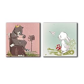 2 Panel Square Canvas Wall Art - Cute Cartoon Bear and Rabbit - Giclee Print Gallery Wrap Modern Home Art Ready to Hang - 12"x12" x 2 Panels