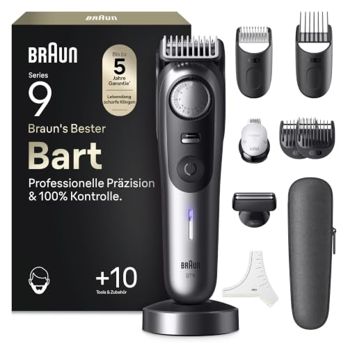 Braun Barttrimmer Series 9, Kabelloser Bartschneider Herren, BT9545, Chrom