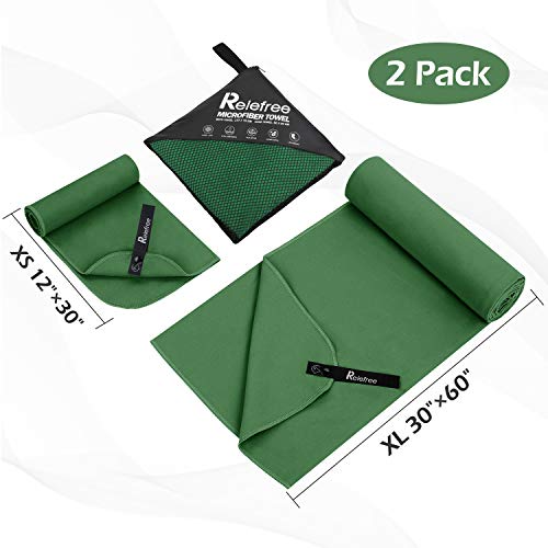 Relefree Microfiber Towel, 2 Sizes Sports, Travel, Camping Towel, XL(60x30'') & XS(24X15''), Quick Dry, Ultra Absorbent, Suitable for Fitness, Camping (ArmyGreen, Large Set (30x60" & 12x24"))