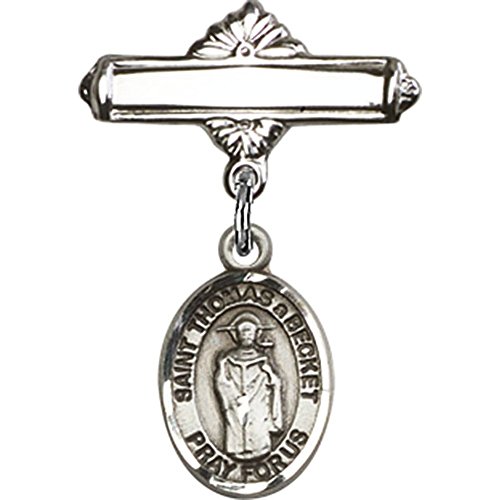 Sterling Silver Baby Badge with St. Thomas A Becket Charm and Polished Badge Pin 1 X 5/8 inches