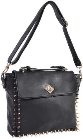 WOW! SPIKES!! Designer Inspired Black &amp; Gold Studded Fold Over Flap Messenger Style Hand Bag by Jersey Bling