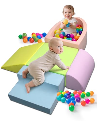 Auksay Baby Climbing Blocks, Soft Play Set for Crawling Baby 6-12 Months, Anti-Slip Particles Bottom & Velcro Connectors, High-Density Foam Gym with Soft Fabric Cover (Balls not Included) (Color)