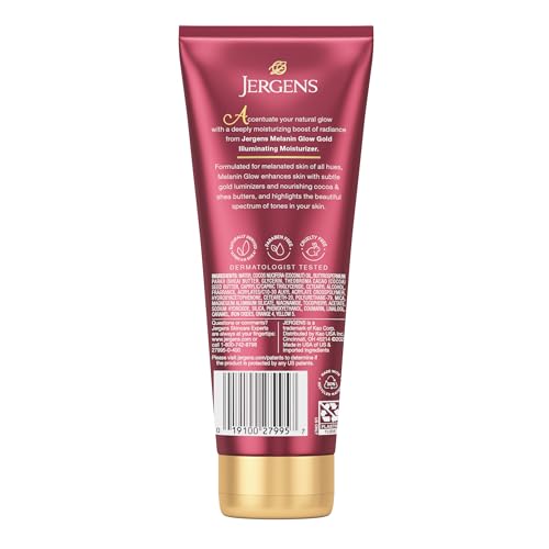 JERGENS HAND AND BODY LOTION, MELANIN GLOW ILLUMINATING MOISTURIZER, WITH GOLD LUMINIZERS, 7 OZ