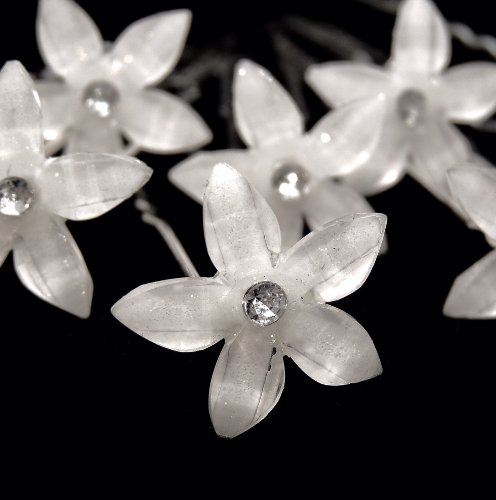 White Flower Hair Pins with Rhinestone Crystal for Wedding, Prom, Dance and Special Event (Set of 8)
