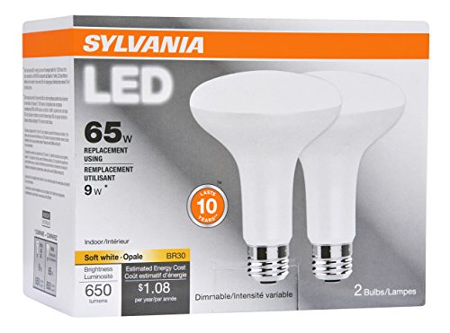 SYLVANIA, 65W Equivalent, LED Light Bulb, BR30 Lamp, 2 Pack, Soft White, Energy Saving & Dimmable, Value Series, Medium Base, Efficient 9W, 2700K