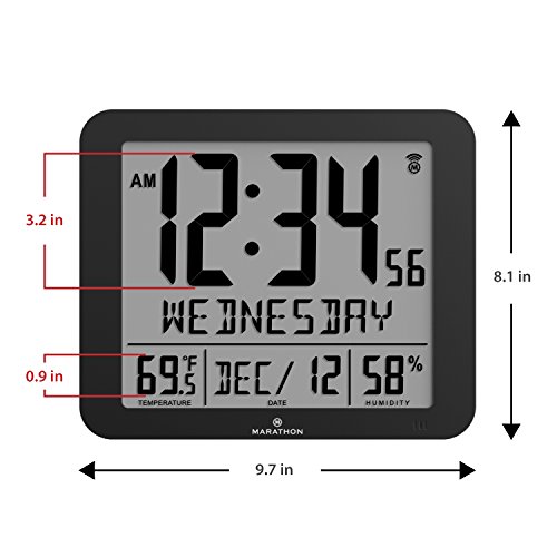 image for Marathon CL030067BK Slim Atomic Full Calendar Clock with Large 3.25