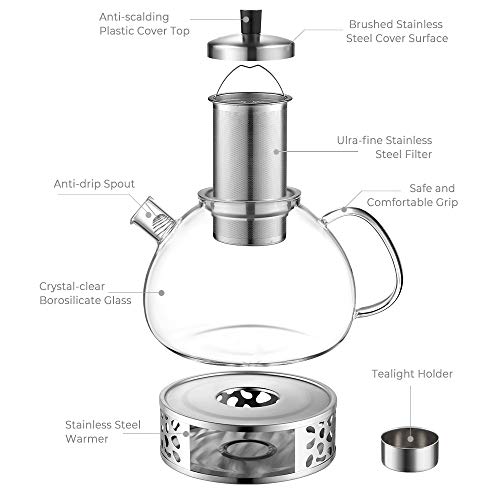 ecooe Original 2000ml Silberne Teekanne Glas Borosilikatglas Teebereiter mit 18/8 Edelstahl Stövchen Abnehmbare Sieb Hitzebeständig für Schwarzen Tee Grüner Tee Fruchttee Duftender Tee Teebeutel – Bild 3