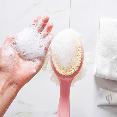 Houkiper Body Bath Shower Brush with Bristles and Loofah Sponge Back Scrubber Bath Mesh Sponge with Curved Long Handle for Skin Exfoliating Bath Massage Suitable for Wet or dry, Men and Women