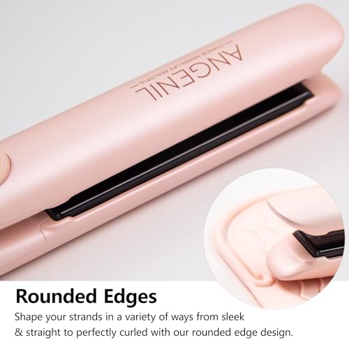 ANGENIL Pro Titanium Flat Iron Hair Straightener and Curler 2 in 1, Dual Voltage Hair Straightening and Curling Irons, Round Pink Hair Straightener with Heat Resistant Silicone Mat Tools, 15s Fast Heating