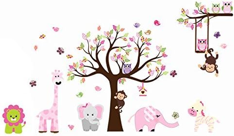 Cute Zoo Animal Wall Sticker with Monkey Playing on Tree Branch with Zebra,lion,elephant Giraffe and Owl Nursery Wall Stickers