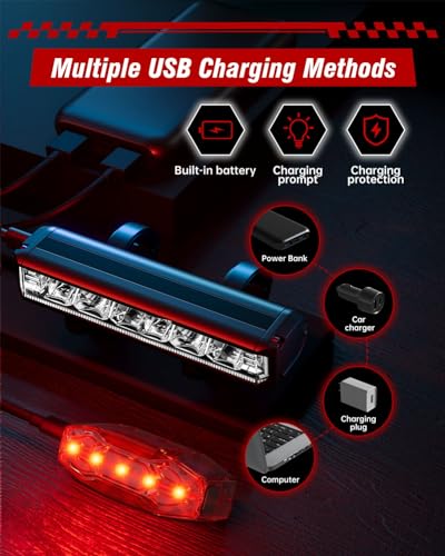 POSUGEAR Bicycle Light, USB Rechargeable Bicycle Lights Front and Rear, Ultralight Aluminium Rear Light Bike Light, Powerful LED, IPX5 Bike Light