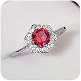 QUSIIOSLK Round Cut Ruby CZ Diamond Lotus Flower Ring 925 Sterling Silver Red Gemstone Ring with AAA Cubic Zirconia Yoga High Polish Wedding Band Ring Jewelry for Women 9