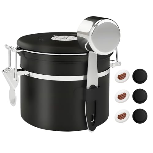 Photo 1 of ShanSon Coffee Canister Airtight Coffee Container Stainless Steel Coffee Bean Storage Container with Scoop Coffee Canister for Beans Grounds Sugar Flour Tea Cereal,11OZ, Black