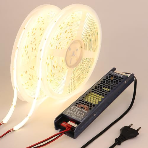 BENLUN 24 V COB LED Strip 20 m (10 m x 2), 4000 K Natural White LED Strip for Outdoors, Waterproof, 312LEDs/M CRI 93 Self-Adhesive Strip with Power Supply for Bedroom, Home Decoration, Kitchen
