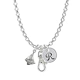 Antiqued Sailboat Initial - R - Badge Clip Necklace