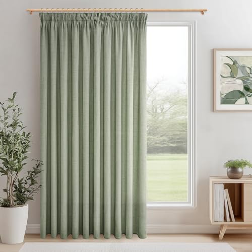MRTREES Extra Breite Gardinen Leinenoptik Halbtransparent Salbeigrün für Große Fenster Wohnzimmer, Vorhang Kräuselband Leinen 1 Stück 240 cm Lang 200