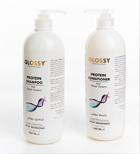 Glossy Professional Shampoo & Conditioner, Natural, Sulphate Free, Deep Cleaning & Hydrating Treatment, After Straightening, Unisex For Daily Use 1000 ML Set of 2 Pce (Protein Shampoo & Conditioner)