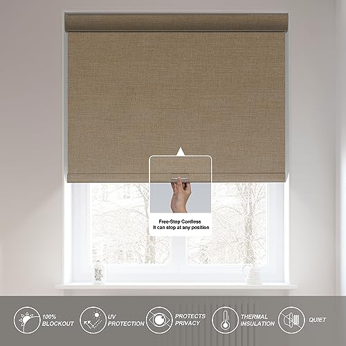 Boolegon Blackout Roller Shades for Windows,Cordless,Linen Fabric,Roller Blinds,Thermal Insulated Fabric UV Protection,Window Shades for Home,Door,Bedroom,Office,Blackout-Beige,Custom Size