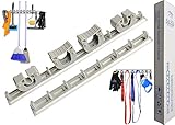 Mop and Broom Holder Wall Mount with 2 Aluminum Racks + 4 Grippers + 12 Utility Hooks for Laundry Room, Kitchen & Storage Organizer. Tools Hanger, Cleaning Gears Hook Rack & Garden Tool Organization.