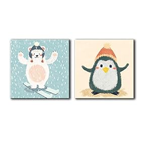 Square Canvas Wall Art of Skiing Polar Bear and Penguing Wearing Beanie Children Art | 12"x12" x 2 Panels