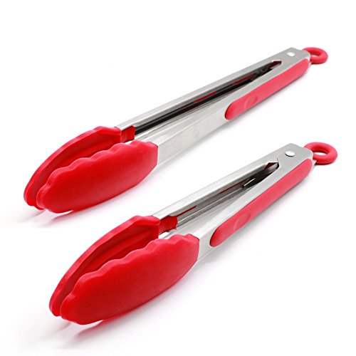 AUOON Kitchen Tongs Sets Of 2, BBQ Tongs Utensil With Anti-Skid Heat Proof Silicone Tips, 12 Inch And 9 Inch, Non-Stick Silicone Surface And Stainless Core For Barbeque, Oven Cooking, Grilling