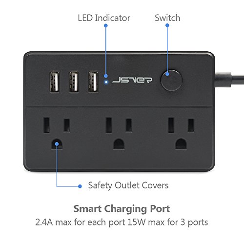 JSVER Portable Surge Protector Power Strip with 3 Outlet and 3 USB Charging Station, 350 Joule - Black - Thumbnail 2