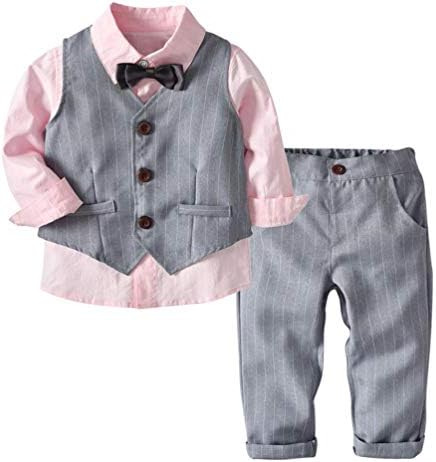 Little Boy Gentleman Sets,Jchen(TM) 4PC Toddler Baby Kids Little Boy Bowtie Gentleman Vest T-Shirt Pants Wedding Formal Party Suit Clothes Sets for 1-6 Y (Age: 1-2 Years Old, Pink)