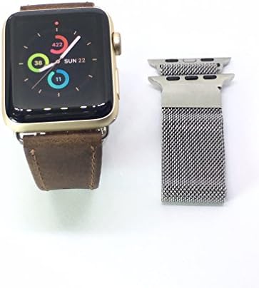 iWatch band - apple watch Dark Brown leather &amp; Silver milanese band set 42mm Fits Apple watch Series 1 Series 2 sport edition version 42mm