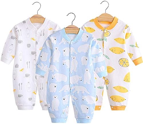 ベビー服 新生児服 3枚セット 綿100 長袖カバーオール 前開きタイプ 新生児 男の子 女の子 かわいい 赤ちゃん服 ロンパース 出産祝い プレゼント ホッキョクグマ柄 レモン柄 牛乳瓶柄 0 12ヶ月 Minigray