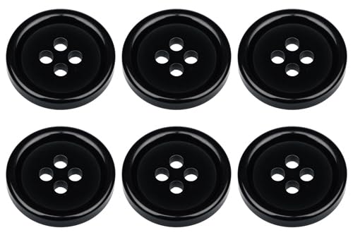 Pack of 6 Black Sew on 18mm Round Buttons Flat 4 Holes 28L 28 Ligne