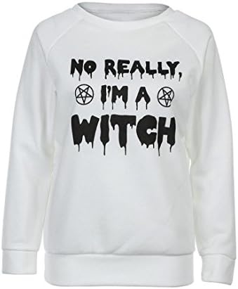 Kstare Lady Halloween Letter Printed Long Sleeve Tops Blouse Shirt Casual T-Shirt Tops (White, XL)