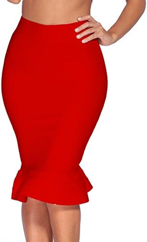 iFashion Women's Sexy Rayon Bandage Bodycon Party Midi Skirt, Mermaid, Red, M