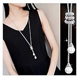 Rurah Fashion Ladies Luxury Charm Crystal Spiral Pearls Pendant Tassel Necklace Long Necklace Sweater Chains,Silver color