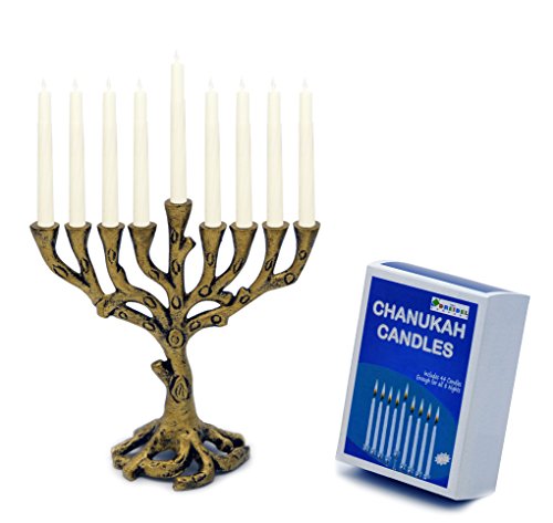 Menorah Mini Tree Of Life, Brass - Includes Box Of 44 Elegant White Candles