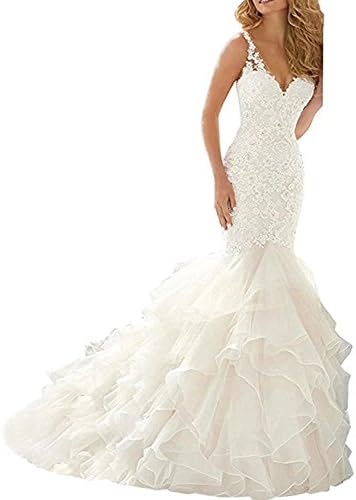 Women's Mermaid Sweetheart Beaded Organza Ruffle Wedding Bride Gowns Lace