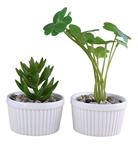 Greencherry Set of 2 White Ceramic Vertical Stripe Design Plant Flower Planter Container Pots