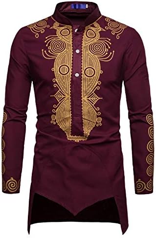 Tootless-Men Basic Style African Dashiki Stand Up Collar Shirts Wine Red S