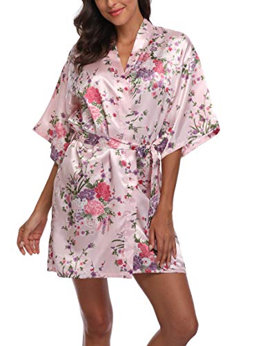 Women's Short Floral Kimono Robe Blossom Bathrobe for Wedding Party Bridal Dressing Gown Sleepwear Pink