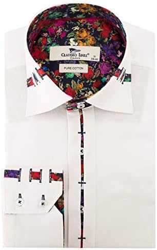 Claudio Lugli Paisley Jacquard Contrast Rose Trim Collar Mens Shirt CP6383 Large White