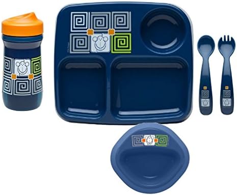 Zak Designs Mealtime Set, 3 Section Plate, Bowl, Toddler Sippy Cup, Fork and Spoon with Blue Monkey Graphics, No BPA, 5 Piece Set