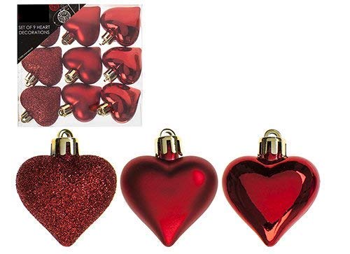 Toyland® Pack Of 9-5cm Heart Baubles - Shiny Matte & Glitter Design - Christmas Tree Decorations (Red)