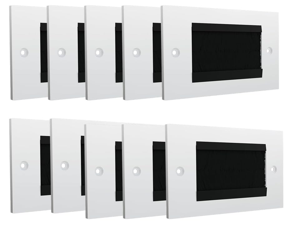 rhinocables Double Gang White Faceplate Brush Plate with Black or White Brushes for Wall-Mounted Installation Tidy Cable Pass Through Insert for Wires and Cable Access (10, Black)