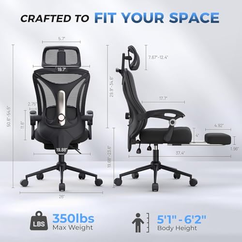 CYKOV Ergonomic Office Chair with Footrest, 90-160° Reclining Mesh Desk Chair with Adjustable Lumbar Support & Headrest, High Back Computer Chair for Home Office and Gaming, 350 lbs