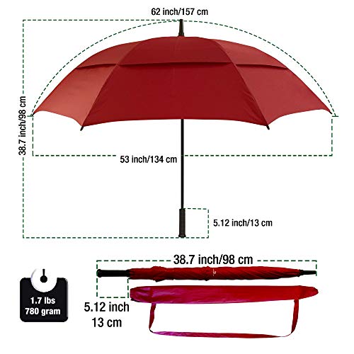 Procella Golf Umbrella Windproof Waterproof - 62 Inch Large Automatic Open Rain & Wind Resistant Vented Double Canopy - Best Golf-Sized Stick Umbrellas for Men and Women (Maroon)