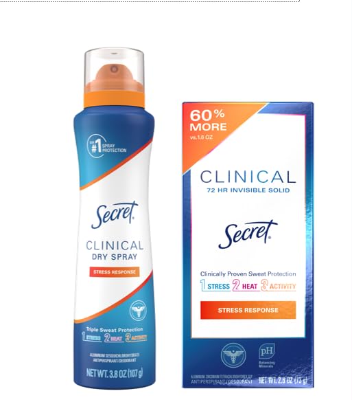 Secret Clinical Strength Antiperspirant Deodorant for Women, Stick + Spray Bundle, 3X Stress/Sweat/Odor Protection, Invisible Solid & Dry Spray, Stress Response Scent, 2.6 oz & 3.8 oz, (Pack of 2)